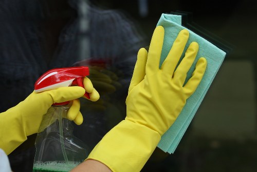 Professional commercial cleaning in a modern office lobby