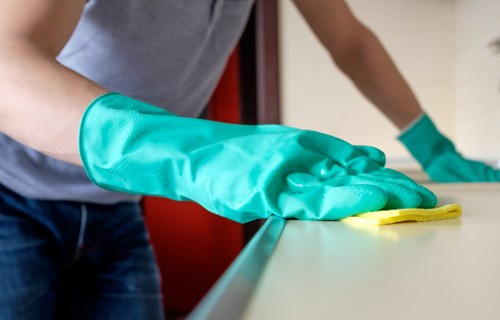 Deep cleaning a bright kitchen with detailed attention to surfaces